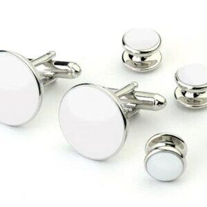 Basic Round Pure white Basic Round Rhodium Setting Cufflinks and Studs